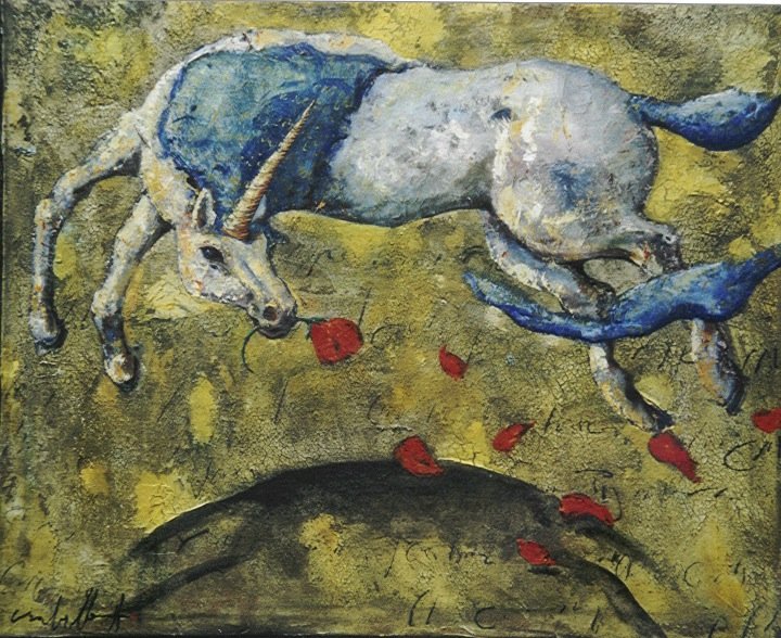 LICORNE AUX PÉTALES, gesso, oil & mixte